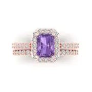 2.2ct Emerald Round Cut Halo Alexandrite Stone Promise Bridal set 14k Rose Gold