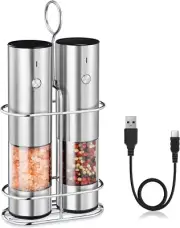 Rechargeable Electric Salt and Pepper Grinder Set with Holder - Nicely Packaged