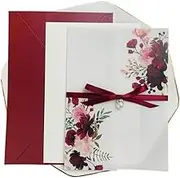 Folded Vellum Jacket Wedding Invitations/Invites, 25 pcs Green Blush Pink Floral Clear Wedding Invitations with Envelopes Sweet 15 InvitesJackets(Burgundy,Pocket with Envelope)
