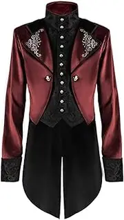 [JIEFULL] Men Steampunk Tailcoat -High Collar Costume Jacket-Gothic Long Tuxedo Coat-Vampire Cosplay Outfit