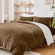 LINENOVA Dual-Sided Teddy Fleece Flannel & Sherpa Quilt Cover Set, Ultra Soft & Warm Reversible King Size Duvet Cover, Doubles as a Standalone Blanket with Zipper Closure (3 Pieces, Mocha)