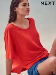 Bright Red Linen Modal Blend Soft Touch Scoop Neck T-Shirt (AM2949) | $41