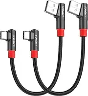 SUNGUY 15cm Right Angle USB C Cable [2Pack], 3A Short 90 Degree USB to USBC Fast Charging Data Transfer Cord Nylon Braided for iPhone 16 15 Pro/Pro Max/Plus Samsung Galaxy S24/S23, iPad