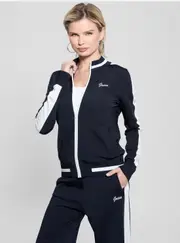 GUESS Women's Blue Striped Active Sweater Jacket Size: XS, Viscose Rayon