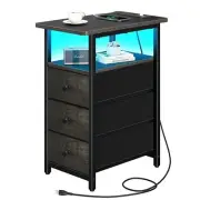 End Table with Charging Station, LED Narrow Side Table Bedside Table, Small