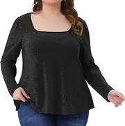 [Agnes Orinda] Women's Plus Size Top Party Glitter Square Neck Long Sleeve Shiny Sparkle Tops Blouses