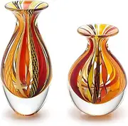 Cá d'Oro Pair of Small Glass Vases Boho with Red/Yellow Canes Hand Blown Murano-Style Art Glass - Models Nº 2/3
