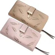[LIFKOME] 2pcs PU Wallet Stylish Long Money Holder with Hollow Leaf Design Portable Credit Card Holder for Travel Office and Daily Use