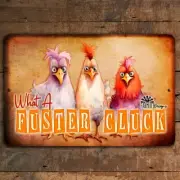 Funny Chicken Sign Fuster Cluck rooster hen farmhouse barn decor metal tin art