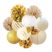 Ivory & Gold Paper Pom Pom and Round Lantern Arrangement 11pk