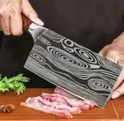Cleaver Slicing Knife Laser Damascus Pattern Stainless Steel Wood Handle Butcher