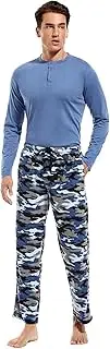 [DG Hill] (2 Piece Fleece Lightweight Men's Pajama Set Plaid Loungewear PJs, Long Sleeve Henley Shirt with Pajama Pants