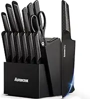 Astercook Knife Set, 15 Pieces Kitchen Knife Sets with Block and Built-in Knife Sharpener, German Stainless Steel Handle One-Piece Design Knives Block Set Dishwasher Safe, Black