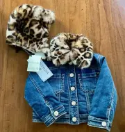 Monnalisa Denim Jacket with Leopard Collar and Matching Hat Size 24 months