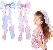 2 PCS Rainbow Ribbon Hair Bows for Girls, Princess Bowknot Hair Barrettes, Colorful Bows Alligator Clips Hair Accessories