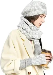 [HAMKVBPR] Winter Hat Scarf Set Winter Knitted Hat Plaid Painter's Hat Scarf Gloves 3pcs Set for Cold Weather