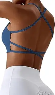[SEAUR] Padded Sports Bra for Women Seamless Gym Bras Fitness Backless Workout Bra Strappy Longline Yoga Bra Wirefree Cross Back Bra Yoga Crop Top Bra M Blue