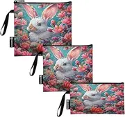 White Rabbit Pink Flowers Reusable Snack Bag and Sandwich Bags Washable Food Storage Pouch with Zipper for School Picnic Work Travel (3 Pack: S/M/L)