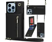 PU Leather Phone Case for Women-Black, IPhone 15 Pro Max 6.7 Inch Wallet Case With Wrist Strap