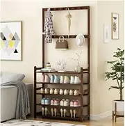 Large Wooden 5 Tiers Hat Coat Stand Clothes Shoe Rack Hanger Hooks Shelf (Brown)