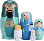 Yoption 5Pcs Russian Matryoshka Dolls Handmade Wooden Jesus Nativity Nesting Dolls Set for Christmas Easter Birthday Gift Decorations