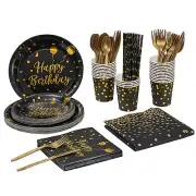 New 201-Piece Black Gold Party Set for 25 Guests, Birthday Dinnerware