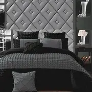 Cossette Stone Grey Quilt Cover Set, Lattice Grid Pintuck Design, 3pc Charcoal Grey Black Doona Cover Set (King Size)