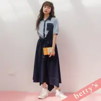 在飛比找momo購物網優惠-【betty’s 貝蒂思】撞色鬆緊腰帶雪紡長洋裝(深藍)