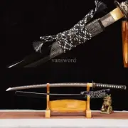 T10 Steel Clay Tempered Japanese Katana Sword Abrasive Blade OX Horn Scabbard.