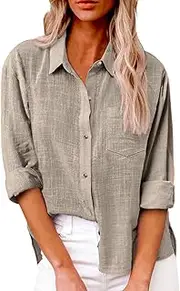 [SHEKINI] Women Casual Blouse -Neck Long Sleeve Shirt Button Dowm Cotton Linen Tshirt Tops Dressy Blouses Office Work Blouse Plus Size, Khaki, S