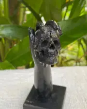 La Muerte, hand Holding Skull Carved Knife Handle made from Buffalo Horn Skull