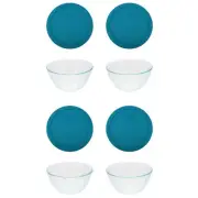 Pyrex (4) 7402 6-Cup Sculpted Glass Bowl and (4) 7402-PC Adriatic Blue Lid