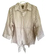 Chico's NWT Size 2 $60 Femme Stripe Tencel Tie-Front Shirt Blouse Top Pale Taupe