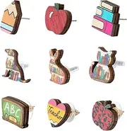 [SUNNYCLUE] 1 Box 9 Pairs Wood Earring Set Back To School Wooden Stud Earring Sets Study School Wood Earrings Set Blackboard Pencil Pen Book Teacher'S Day Charms for Adults Women Fashion Gifts Supplies,