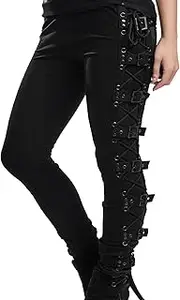 [Generic] Women's Plus Size Gothic Black Skinny Pants Sexy Side Lace Up Cross Bandage Pencil Jeans High Waist Legging Trousers