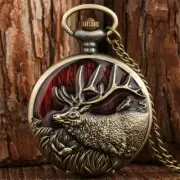 Men Quartz Pocket Watch Bronze Elk Steampunk Full Hunter Analog Neckalce Chain