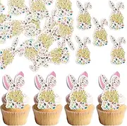 Ephlyn 50Pcs Edible Floral Happy Easter Cupcake Toppers Spring Bunny Rabbit Cupcake Picks Wafer Paper Easter Cake Toppers for Spring Birthday Baby Shower Party Supplies