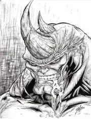 Rhino, Marvel Comics. Original, B/W, comic art, pin-up, drawing by Calvin Henio.