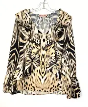Black Lable by Chico's Blouse Size M Ruffle Top Tiger Print Long Sleeves Brown