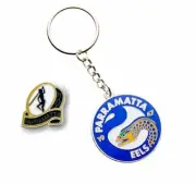 SET 2 PARRAMATTA EELS NRL TEAM HERITAGE LOGO PIN BADGE & MASCOT KEYRING
