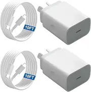 10FT 20W iPhone 16 15 USB C Charger USB Type C Wall Charger Block for iPhone iPhone 16/16 Pro 15/15 Plus/ 15 Pro/ 15 Pro Max/iPad Pro/Samsung, 2Pack PD Fast Charger USB C with 6FT USB C to C Cable
