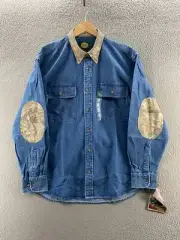 Cabelas Shirt Mens Large Blue Denim Camo Button Up Elbow Patches Seclusion 3D