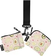 [Caihoyu] Green Avocado Pink Heart Women's Dual Wallets Busniess Card Cases Thin Flat Change Purse Key Holder with Zipper Pocket for Men Women 2 Pcs, Multicolor, 4.13"(L) x 3.5"(W), Travel Accessory