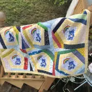 Teddy Bear Rainbow Baby Quilt Throw Floral Patchwork Yellow Gingham Vtg Handmade