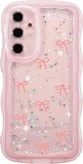 [ZTOFERA] for Samsung Galaxy S24 Case, Cute Wave Frame Curly Bow TPU Transparent Slim Bowknot Shockproof Glitter Cover, Pink