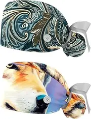 [YTYVAGT] 2-Pc,Nurse Scrub Caps,Scrub Hats with Buttons and Cotton Sweatband,Abstract Retro Cashew Flower Paisley