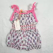 Everbloom Baby 3 Month Blue Pink Tie Shoulder Smocked Waist One Piece Romper
