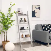 Costway4-Tier Wooden Wall Leaning Ladder Shelf for Bathroom Living Room-Grey