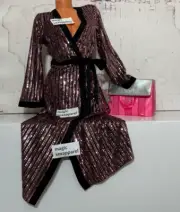 VICTORIAS SECRET LUXE XS/S SEQUIN SATIN MAXI ROBE KIMONO LINGERIE PLUNGE BOW