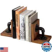 MyGift Rustic Brown Wood Bookends with Realistic Industrial Pipe Design, Deco